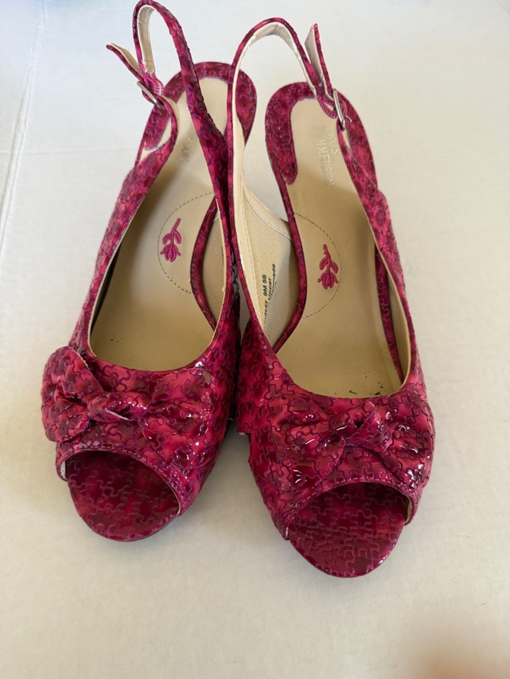 Ros Hommerson Leather Hot Pink Peep-Toe Slingback Heels with Bow Detail